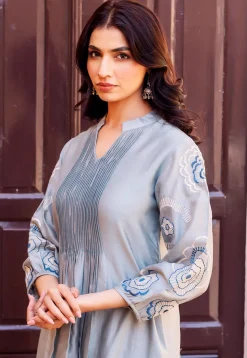 Embroidered Chanderi Silk A Line Kurta Set in Dusty Blue
