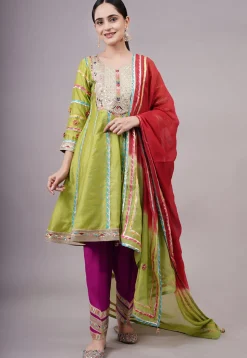Embroidered Chanderi Silk Anarkali Suit in Olive green