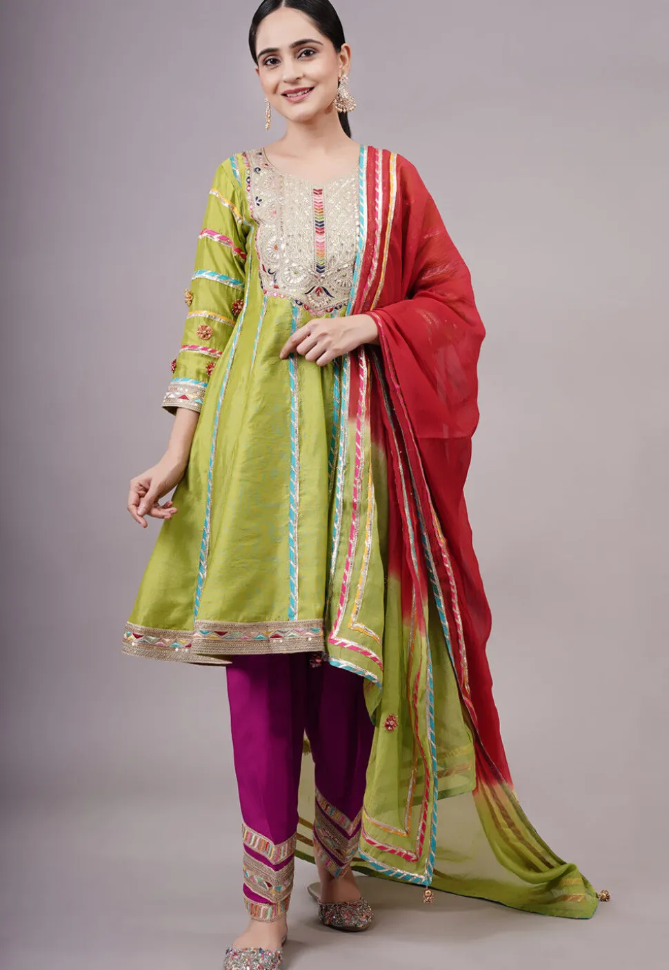 Embroidered Chanderi Silk Anarkali Suit in Olive green