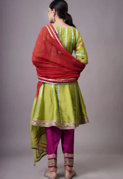Embroidered Chanderi Silk Anarkali Suit in Olive green