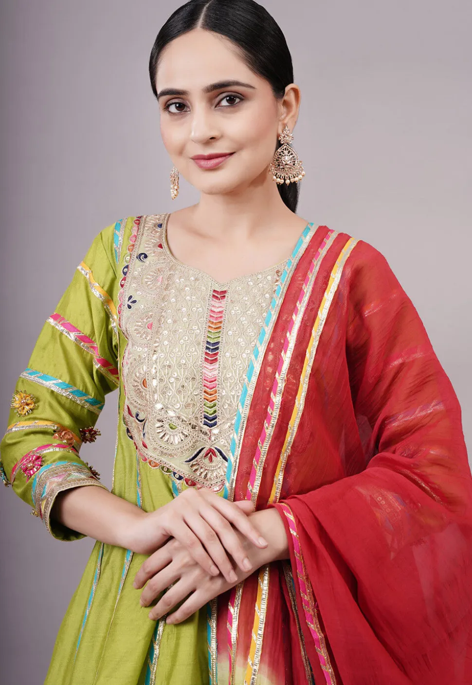 Embroidered Chanderi Silk Anarkali Suit in Olive green