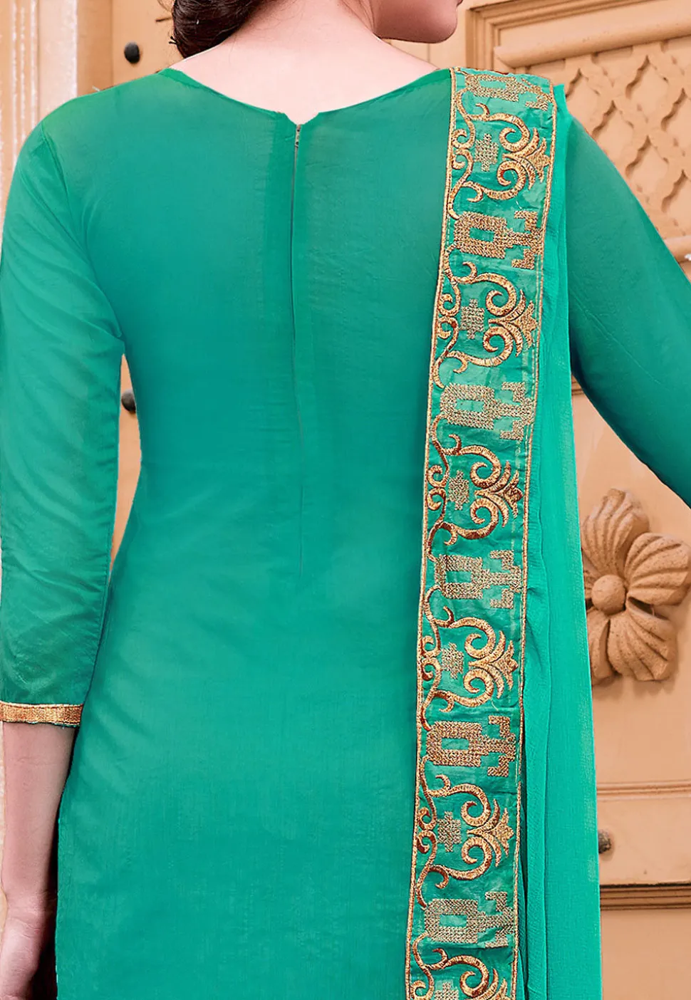 Embroidered Chanderi Silk Straight Suit in Teal Green