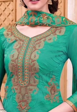 Embroidered Chanderi Silk Straight Suit in Teal Green