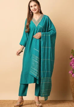 Embroidered Chanderi Silk Pakistani Suit in Teal Blue