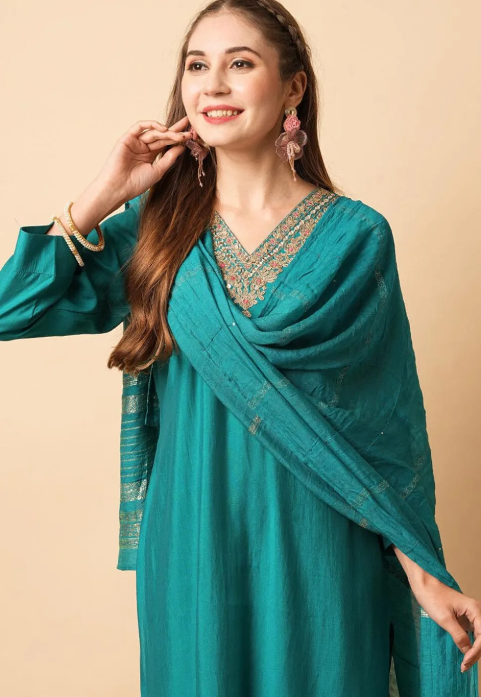 Embroidered Chanderi Silk Pakistani Suit in Teal Blue