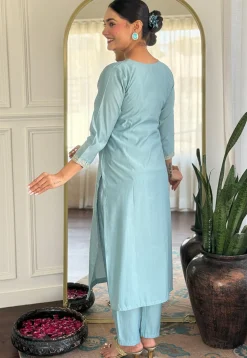 Embroidered Chanderi Silk Pakistani Suit in Sky Blue