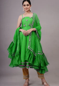 Embroidered Chanderi Silk Aline Suit in Green