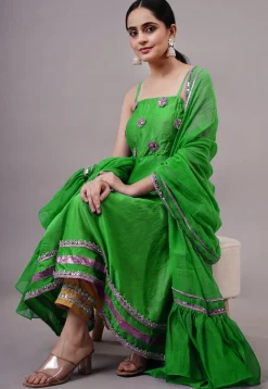 Embroidered Chanderi Silk Aline Suit in Green