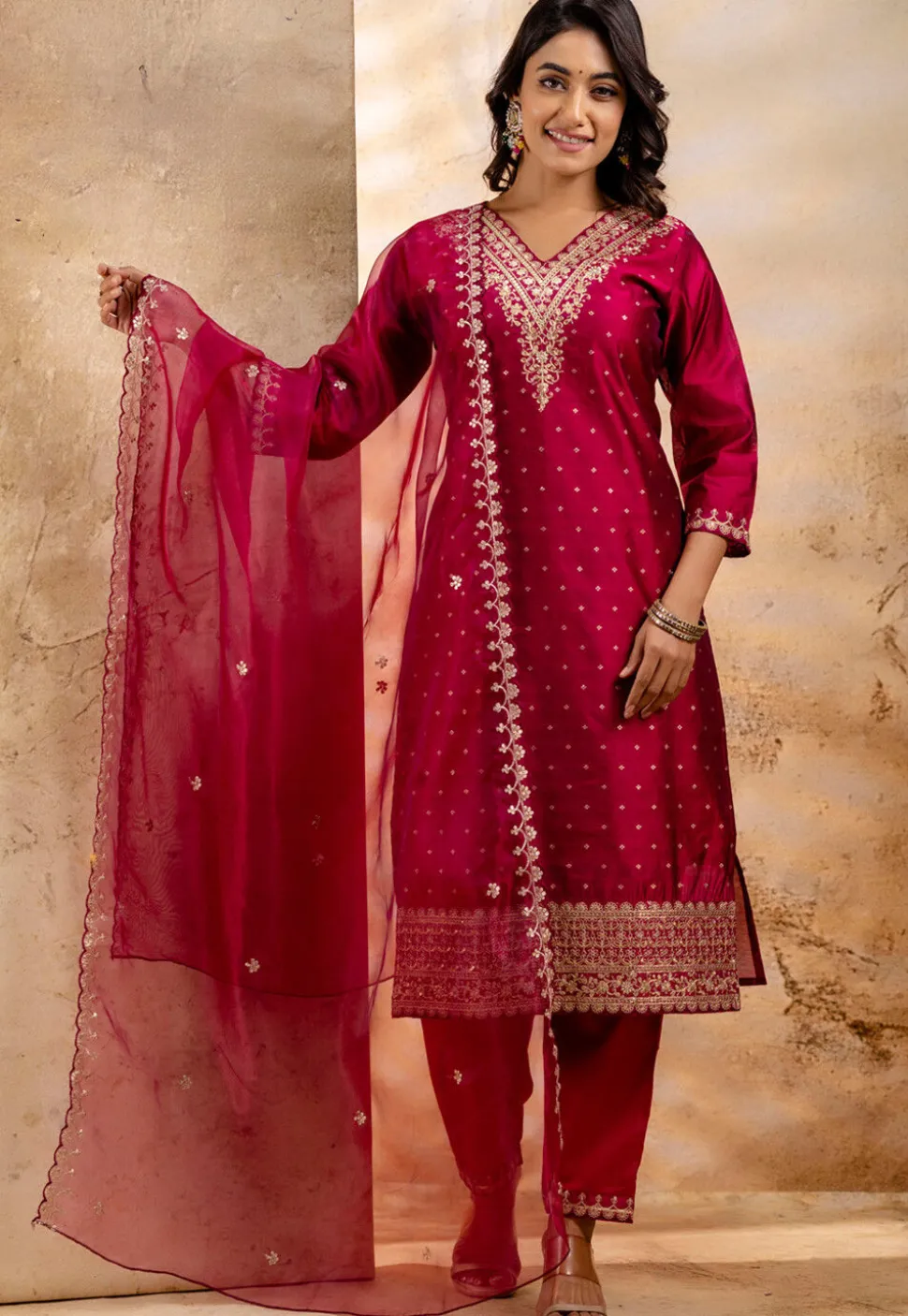 Embroidered Chanderi Silk Pakistani Suit in Pink