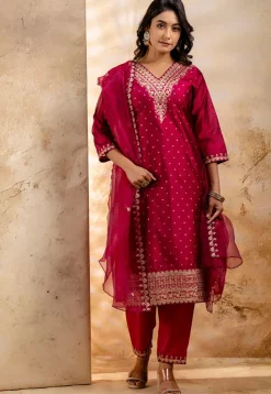 Embroidered Chanderi Silk Pakistani Suit in Pink