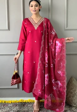 Embroidered Chanderi Silk Pakistani Suit in Pink