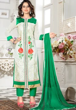 Embroidered Chanderi Silk Pakistani Suit in Off White