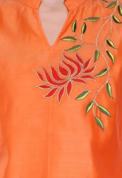 Embroidered Chanderi Silk Kurti in Orange