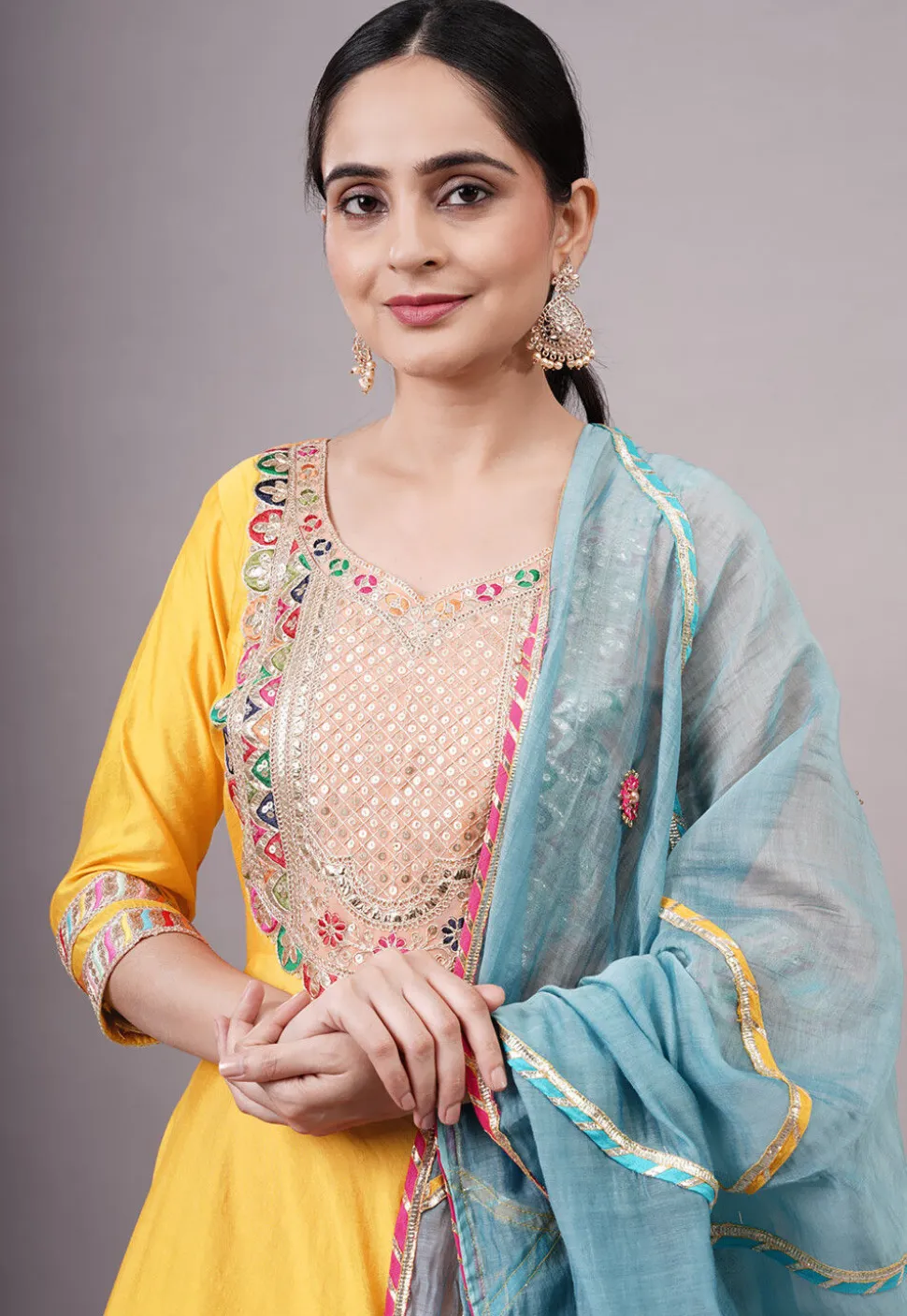 Embroidered Chanderi Silk Aline Suit in Yellow