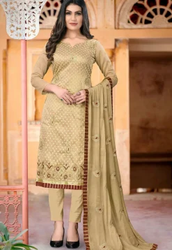 Embroidered Chanderi Silk Pakistani Suit in Beige