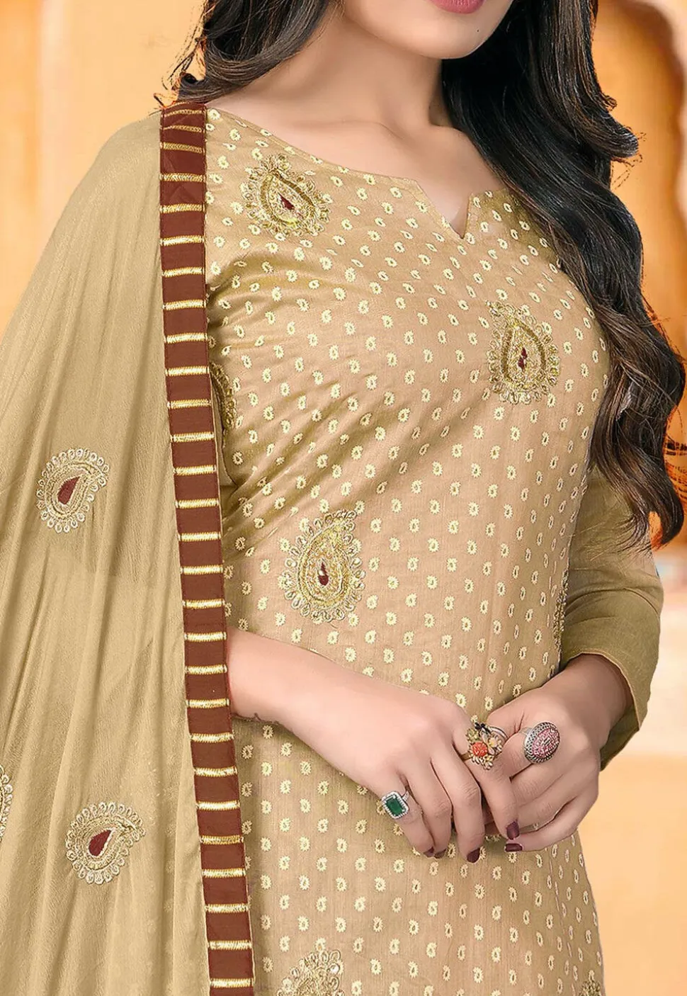 Embroidered Chanderi Silk Pakistani Suit in Beige