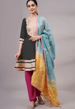 Embroidered Chanderi Silk Aline Suit in Black