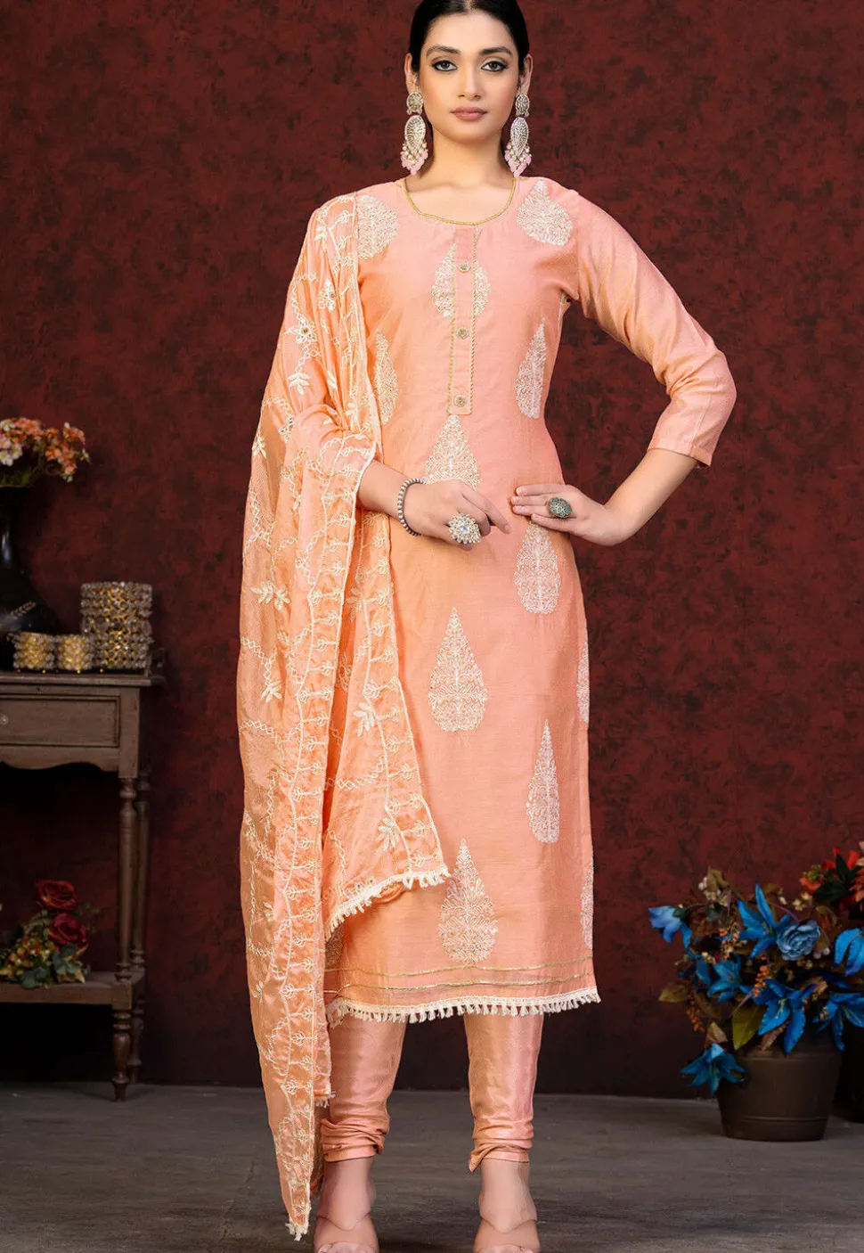 Embroidered Chanderi Silk Straight Suit in Peach