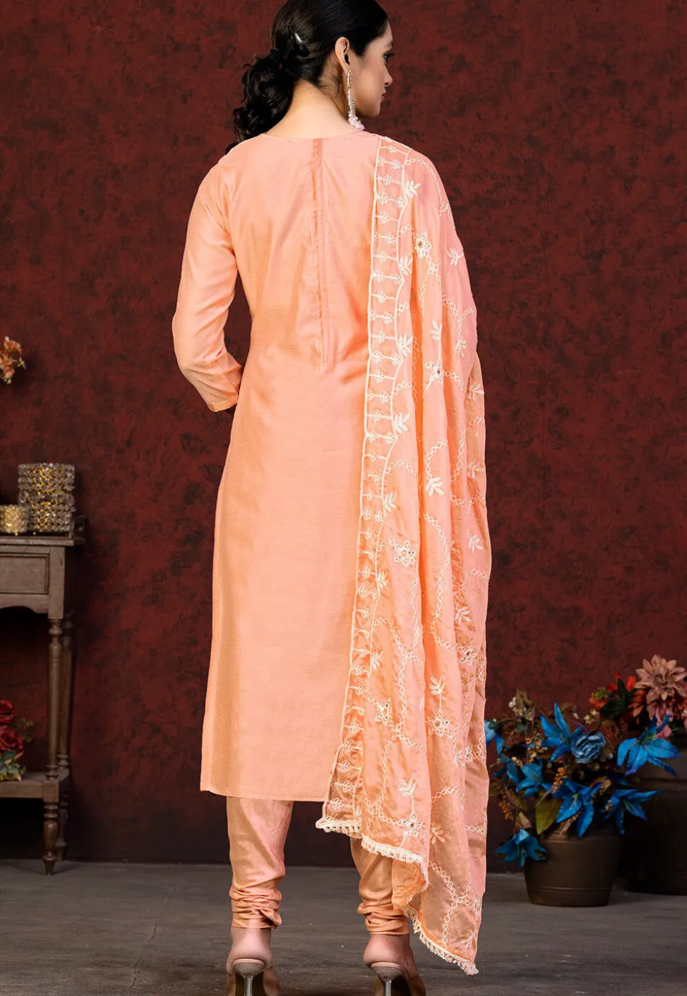 Embroidered Chanderi Silk Straight Suit in Peach