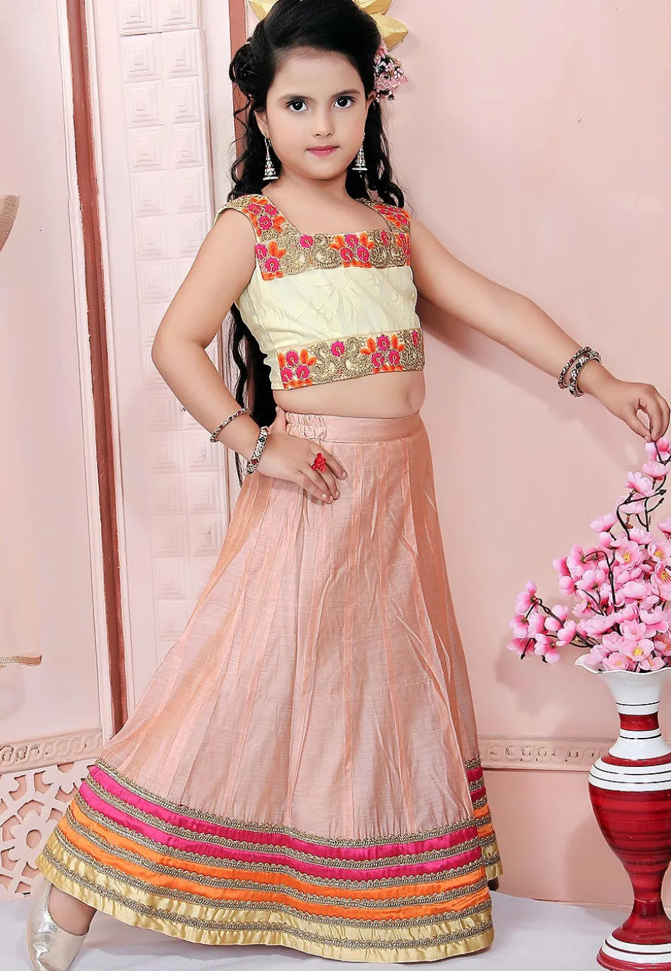 Embroidered Chanderi Silk Lehenga in Peach