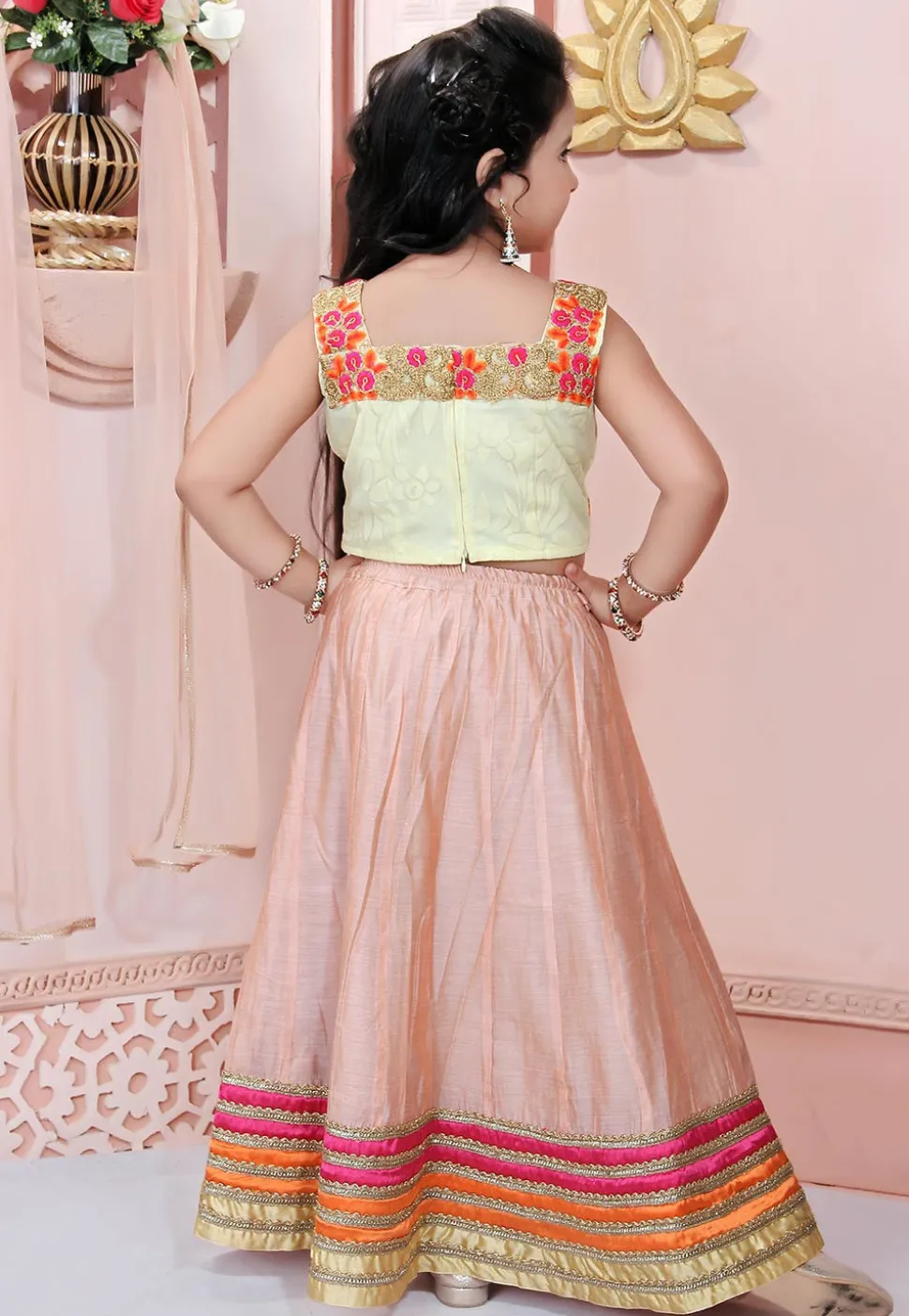 Embroidered Chanderi Silk Lehenga in Peach