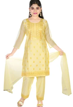 Embroidered Chanderi Silk Pakistani Suit in Yellow