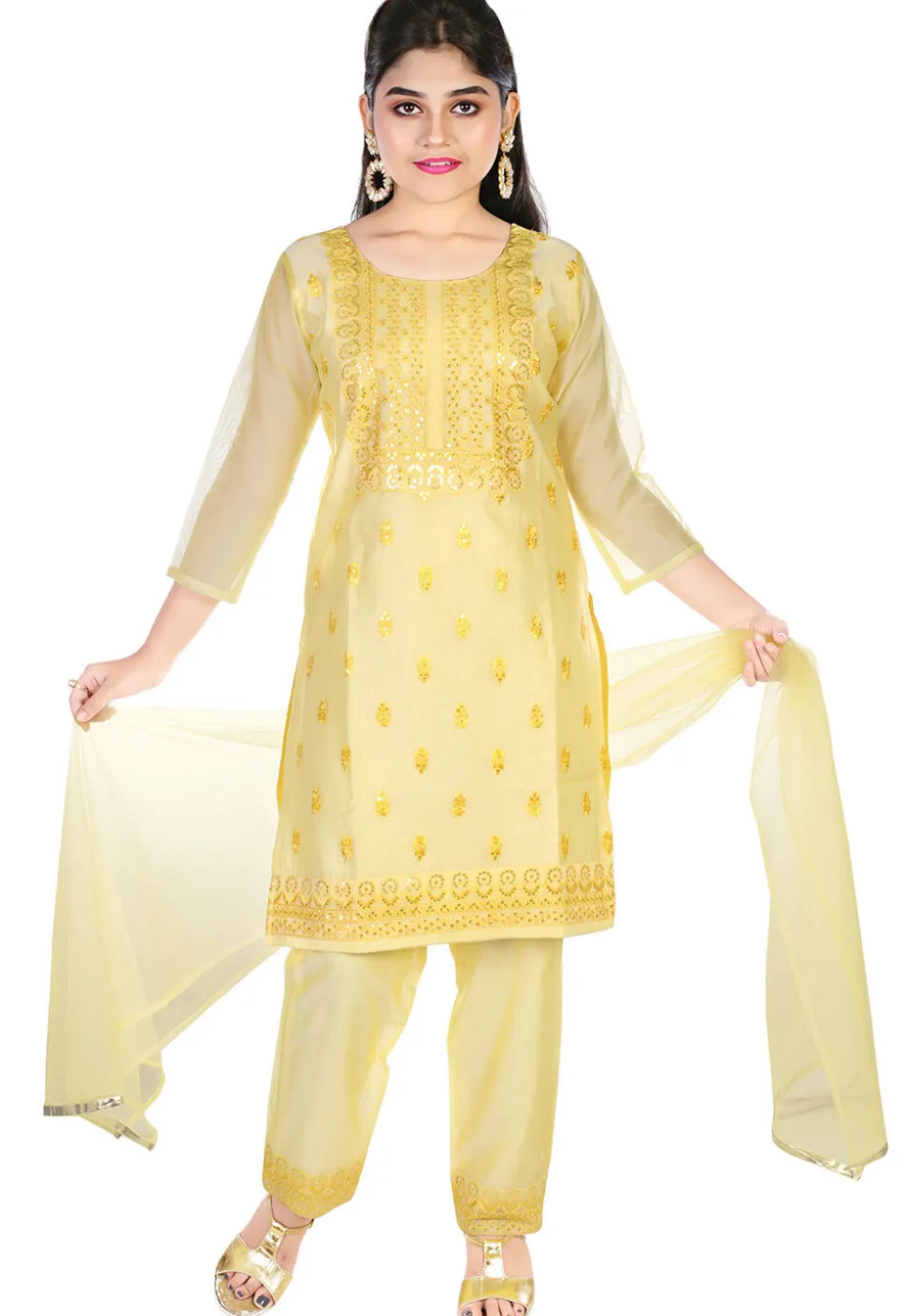 Embroidered Chanderi Silk Pakistani Suit in Yellow
