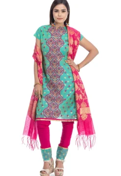 Embroidered Chanderi Silk Straight Suit in Teal Green