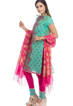 Embroidered Chanderi Silk Straight Suit in Teal Green