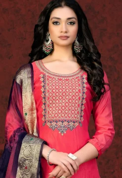 Embroidered Chanderi Silk Pakistani Suit in Pink