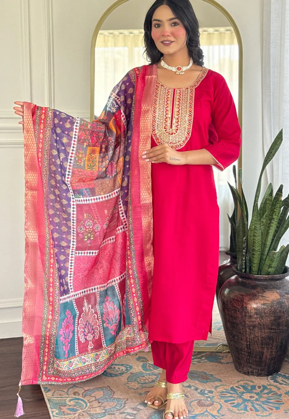 Embroidered Chanderi Silk Pakistani Suit in Fuchsia