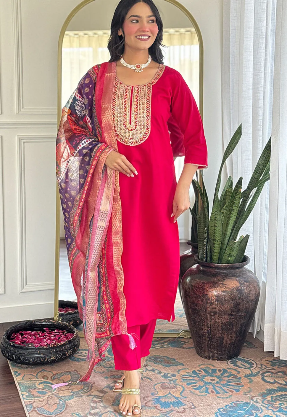 Embroidered Chanderi Silk Pakistani Suit in Fuchsia