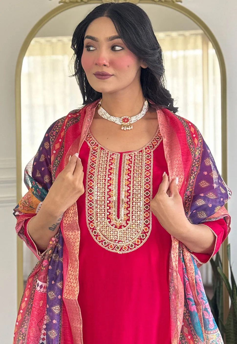Embroidered Chanderi Silk Pakistani Suit in Fuchsia