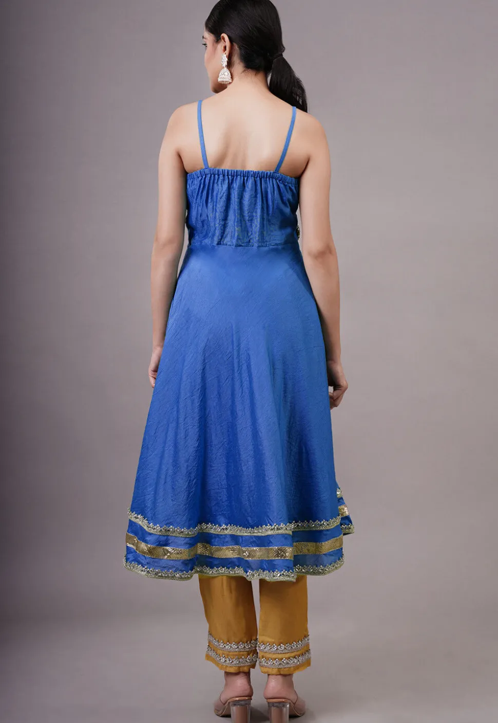 Embroidered Chanderi Silk Aline Suit in Navy Blue