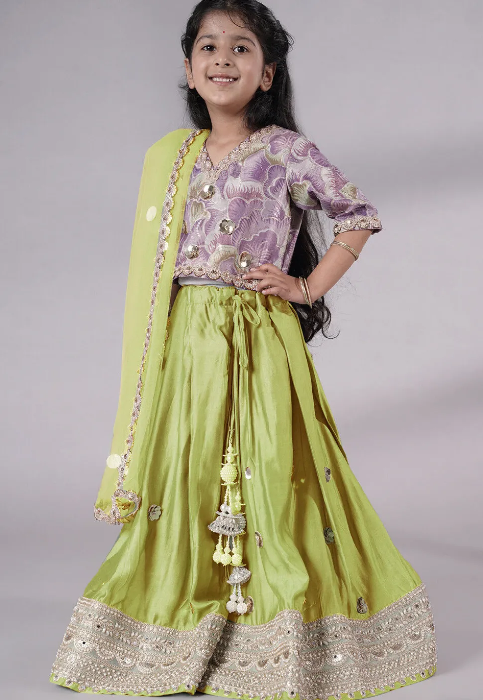 Embroidered Chanderi Silk Lehenga in Olive Green