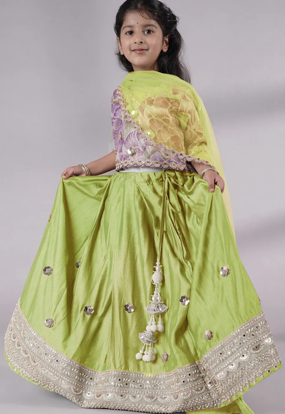 Embroidered Chanderi Silk Lehenga in Olive Green