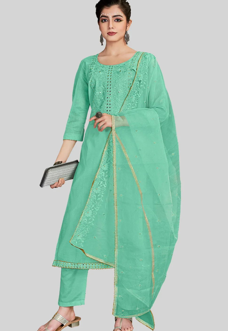 Embroidered Chanderi Silk Pakistani Suit in Light Teal Green