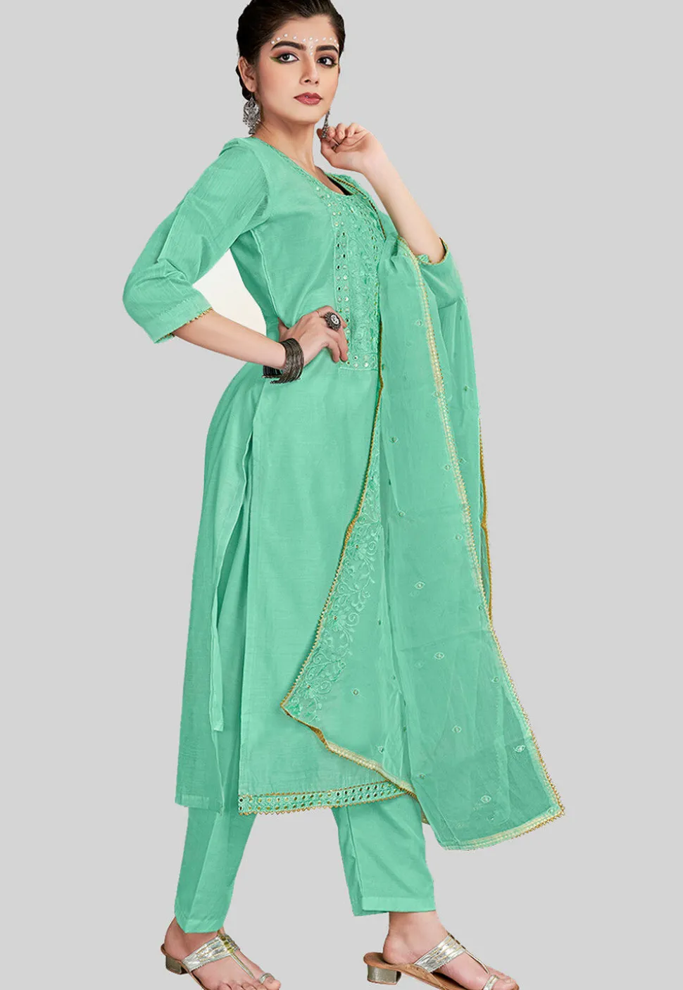 Embroidered Chanderi Silk Pakistani Suit in Light Teal Green