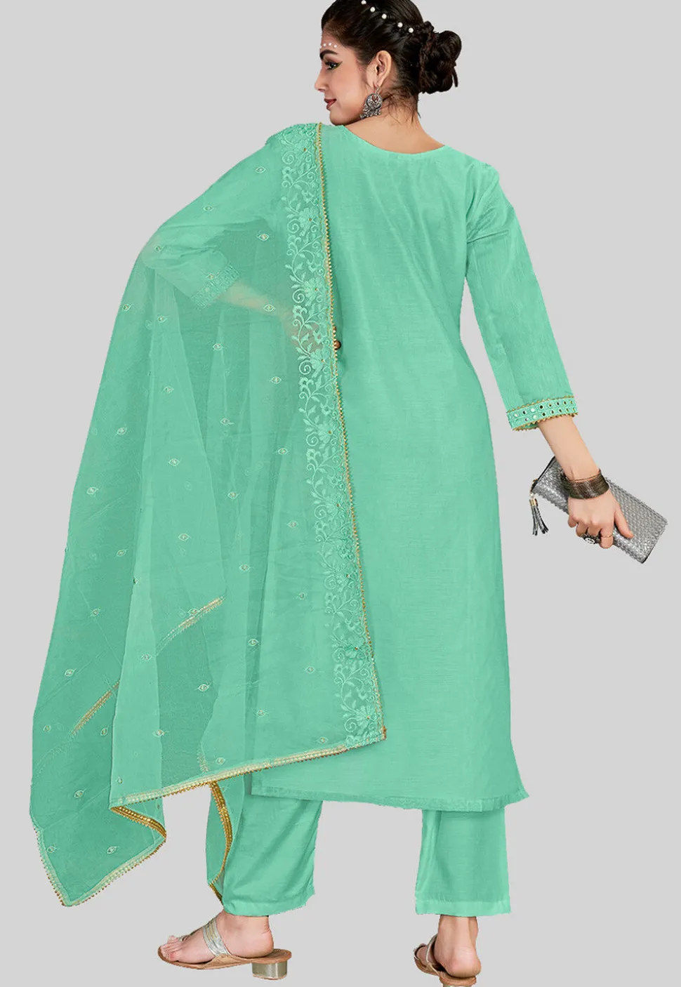 Embroidered Chanderi Silk Pakistani Suit in Light Teal Green