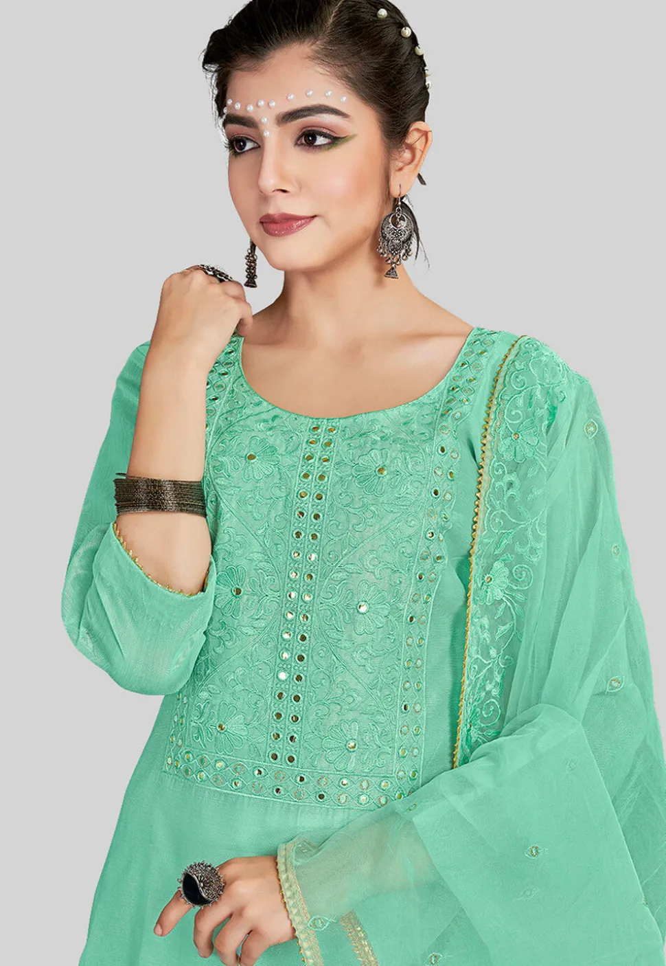 Embroidered Chanderi Silk Pakistani Suit in Light Teal Green