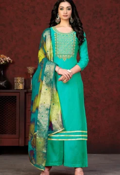 Embroidered Chanderi Silk Pakistani Suit in Turquoise