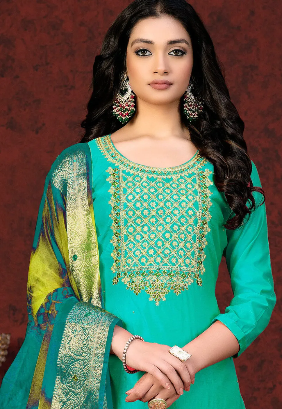 Embroidered Chanderi Silk Pakistani Suit in Turquoise