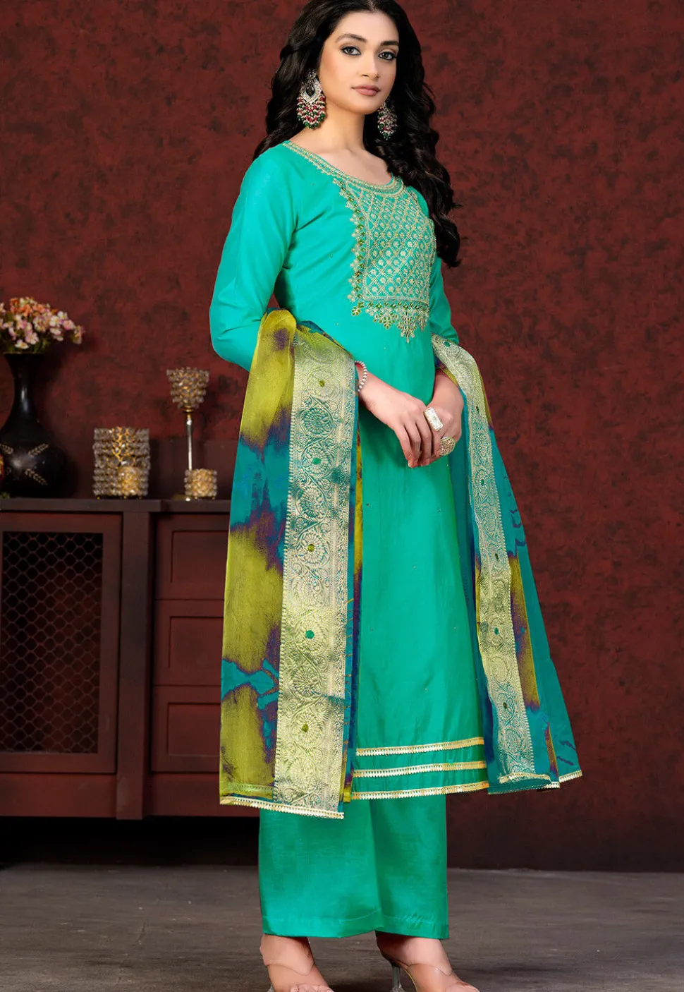 Embroidered Chanderi Silk Pakistani Suit in Turquoise