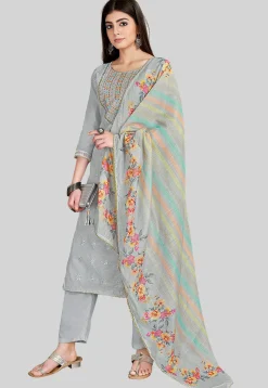 Embroidered Chanderi Silk Pakistani Suit in Grey