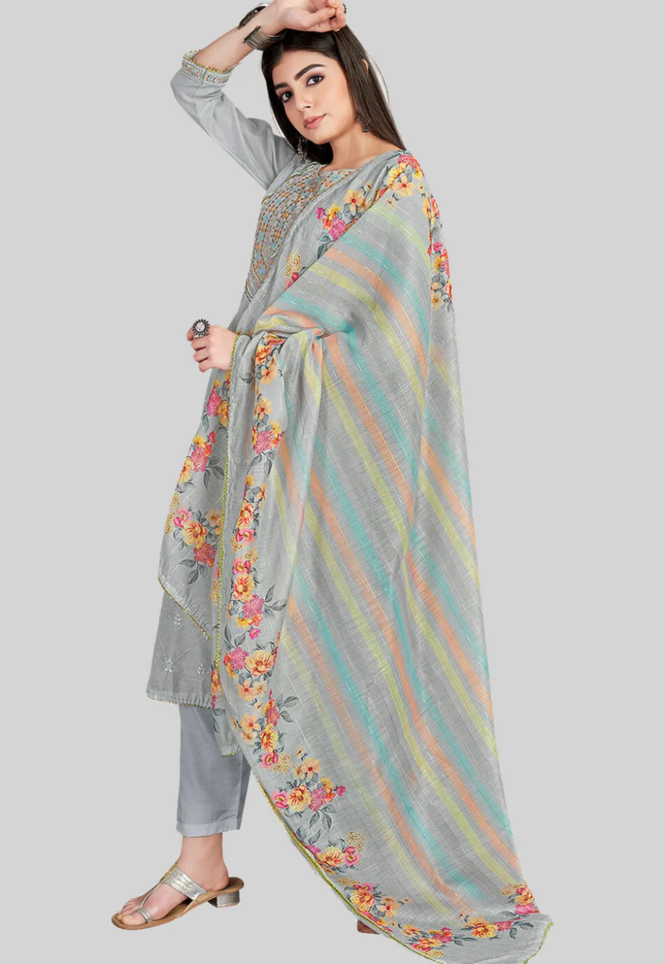 Embroidered Chanderi Silk Pakistani Suit in Grey