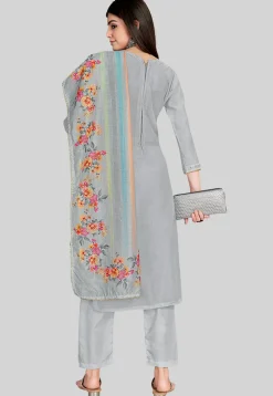 Embroidered Chanderi Silk Pakistani Suit in Grey