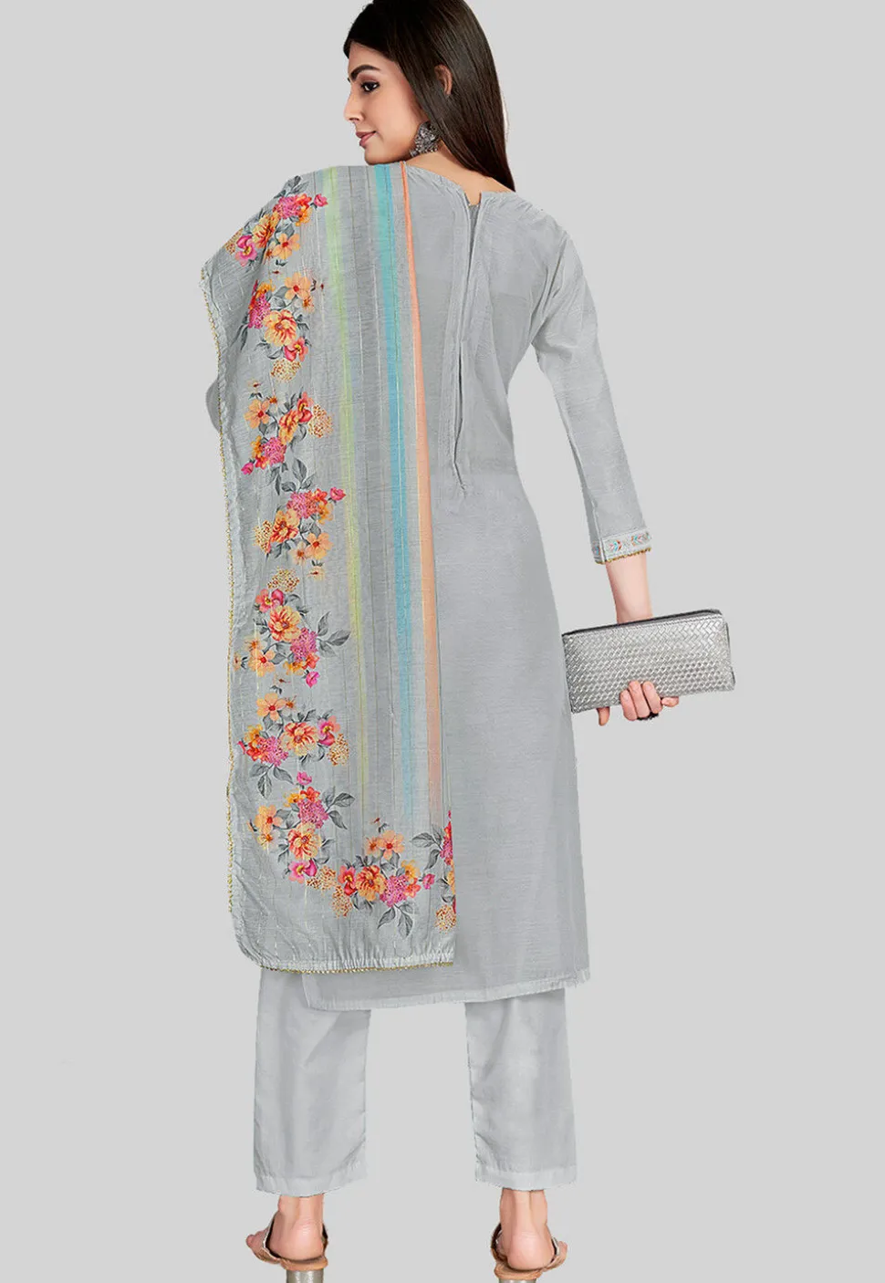Embroidered Chanderi Silk Pakistani Suit in Grey