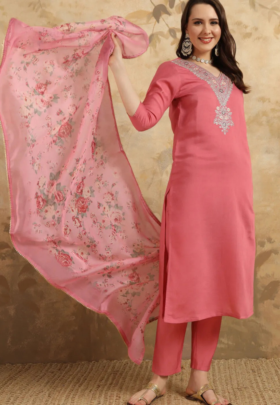 Embroidered Chanderi Silk Pakistani Suit in Pink