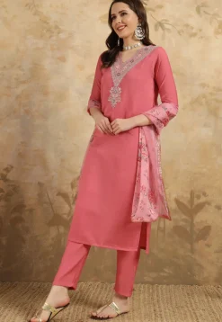 Embroidered Chanderi Silk Pakistani Suit in Pink