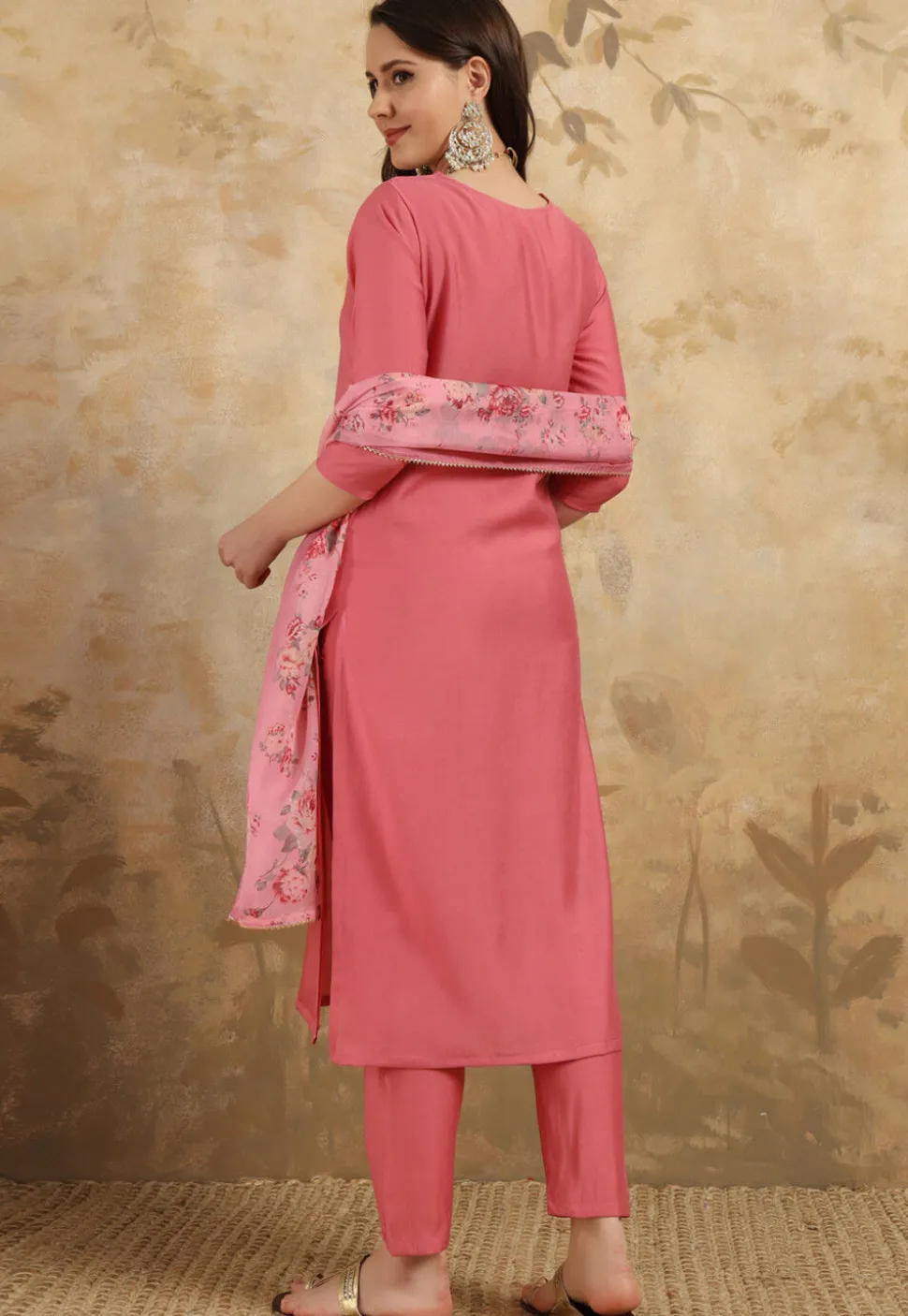 Embroidered Chanderi Silk Pakistani Suit in Pink